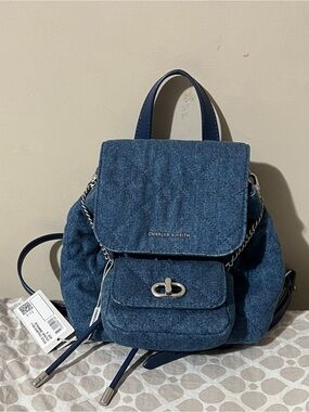 Charles & Keith Navy Denim Quilted Mini Backpack with Chain Detail
